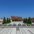 Double Support Education Themed Park Landscape with Monument Flag Sculpture Pine Trees and Open Square