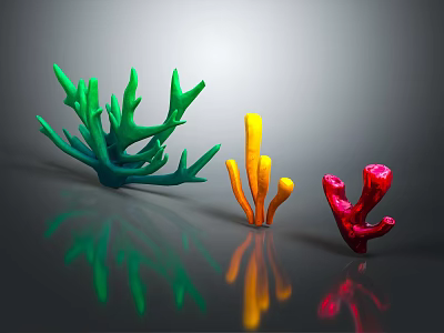 Colorful Coral Polyps In Three Colors Green Yellow Red On Gray Background With Reflection 3d model