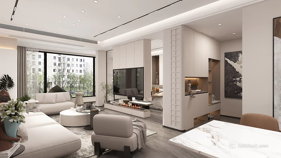 Modern Living And Dining Area With Light Colored Sofas Marble Countertop And Open Layout 3d model 