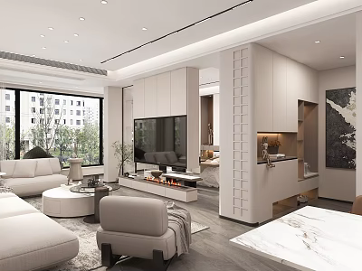 Modern Living And Dining Area With Light Colored Sofas Marble Countertop And Open Layout 3d model