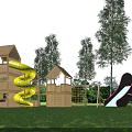 Outdoor Wooden Playground Equipment With Yellow Spiral Slide White Wave Slide And Green Grass Trees