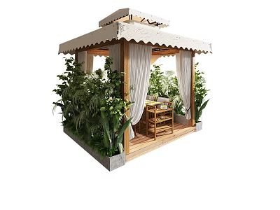Cozy Outdoor Gazebo Structure With White Curtains And Wooden Furniture Surrounded By Green Plants 3d model