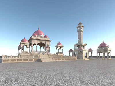 Islamic Traditional Architectural Complex With Red Domes Tall Minaret Columns And Stone Plaza 3d model