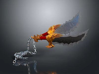 Fantasy Twin Blades Weapon With Golden Claw Handle Red Grip Serrated Blades And Silver Chain 3d model