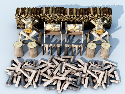 Stacked Wood Logs And Firewood Piles With Wooden Racks And Tree Stumps 3d model