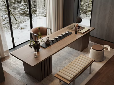Modern Wooden Tea Table and Chairs With Indoor Plants Tea Set and Snowy Window View 3d model
