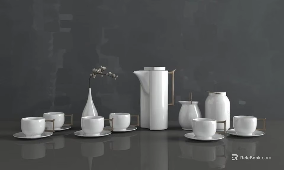 Modern White Ceramic Tea Set With Cups Saucers Kettle And Vase On Gray Background 3d model 