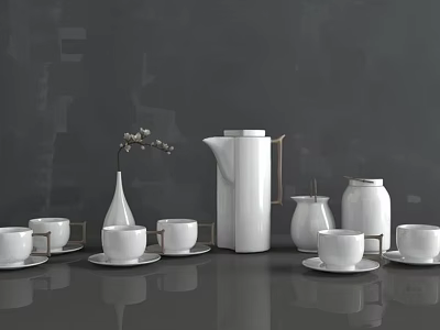 Modern White Ceramic Tea Set With Cups Saucers Kettle And Vase On Gray Background 3d model