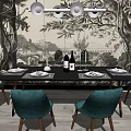 Dining Table Set With Teal Chairs Mural Wall And Pendant Lights