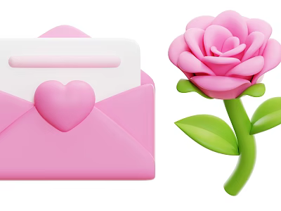 Pink Rose Plant with Green Stem and Fresh Leaves in Natural Floral 3d model