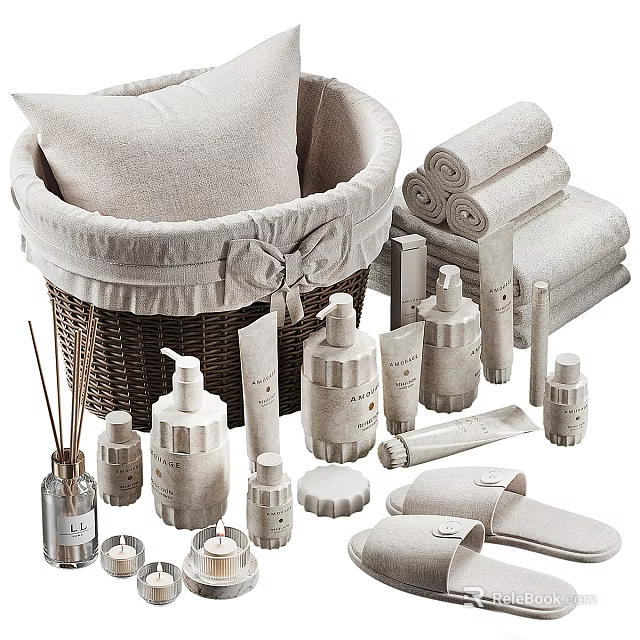 Neutral Tone Decorative Ornament Set with Wicker Basket Rolled Towels Bath Products and Slippers for Bathroom 3d model 