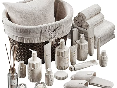 Neutral Tone Decorative Ornament Set with Wicker Basket Rolled Towels Bath Products and Slippers for Bathroom 3d model