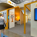 Modern Exhibition Booth Design With Yellow White Decor Display Screen Tree And Visitor Interaction 3d model