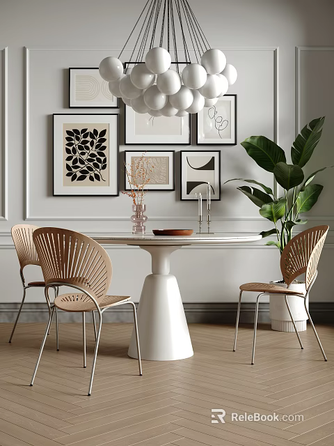 Modern Round Dining Table Set With Rattan Chairs Metal Legs Wall Art And Green Plant 3d model 