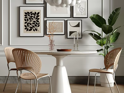 Modern Round Dining Table Set With Rattan Chairs Metal Legs Wall Art And Green Plant 3d model