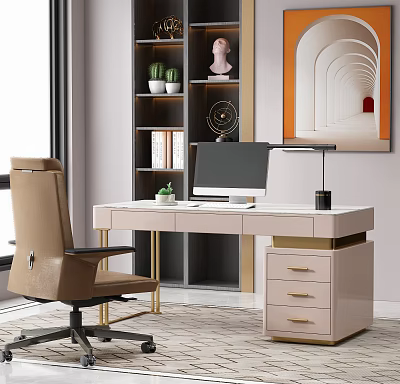 Elegant Desk with Brown Office Chair Computer Monitor Lamp Small Plant Bookshelf and Decorative Painting 3d model