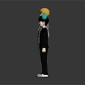 Blonde Hair Character in Gray Suit and Black Uniform Boy Standing with Blue Small Creature