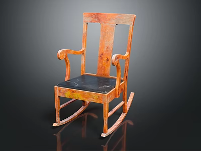 Vintage Wooden Rocking Chair With Curved Armrests And Black Comfortable Seat 3d model