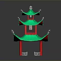 Traditional Chinese Multi Tiered Pavilion Brick Model With Green Roof And Red Pillars
