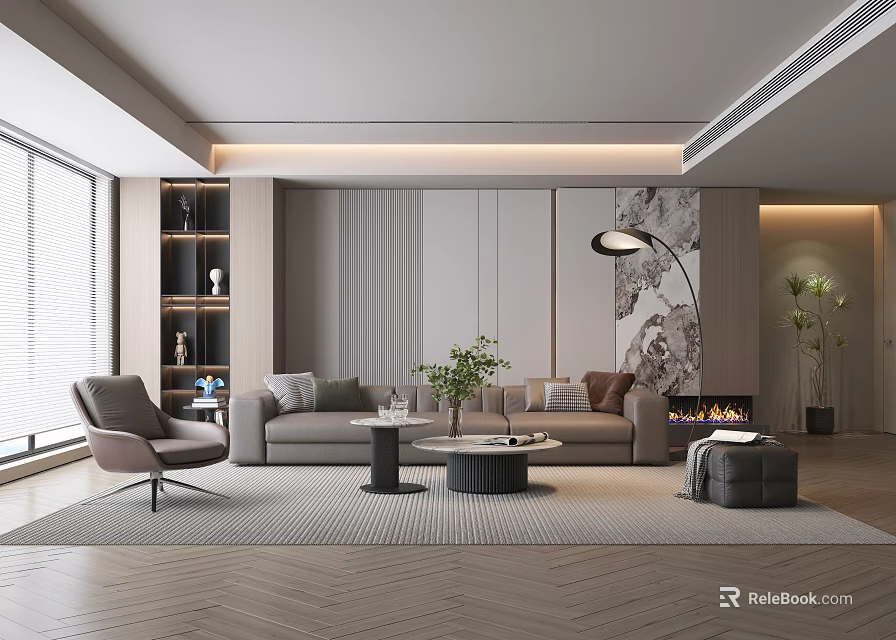 Modern Living Room Interior Design With Sofa Coffee Table Area Rug And Fireplace 3d model 