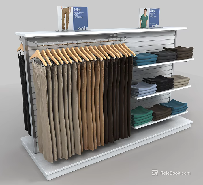 Organized Colored Pants and Folded Clothes on White Retail Display Rack 3d model 