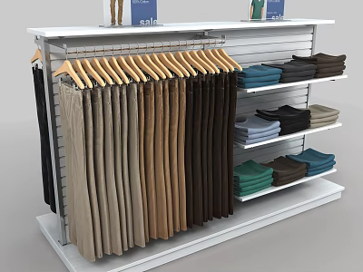 Organized Colored Pants and Folded Clothes on White Retail Display Rack 3d model