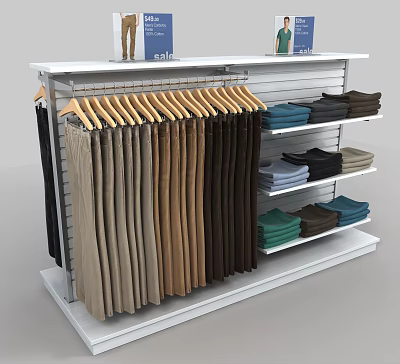 Organized Colored Pants and Folded Clothes on White Retail Display Rack 3d model