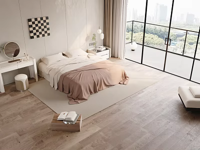 Modern Bedroom Interior With Wooden Floor Large Windows City View And Checkerboard Wall Art 3d model