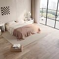 Modern Bedroom Interior With Wooden Floor Large Windows City View And Checkerboard Wall Art