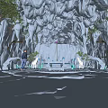 Cartoon Cave Scene with Icicles Glowing Crystals Central Steps Plants and Silhouette Figure