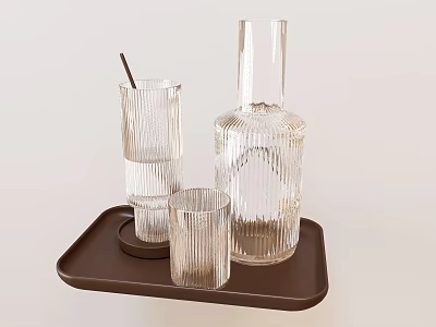 Transparent Textured Glass Wine Bottle And Wine Glasses On Brown Tray 3d model