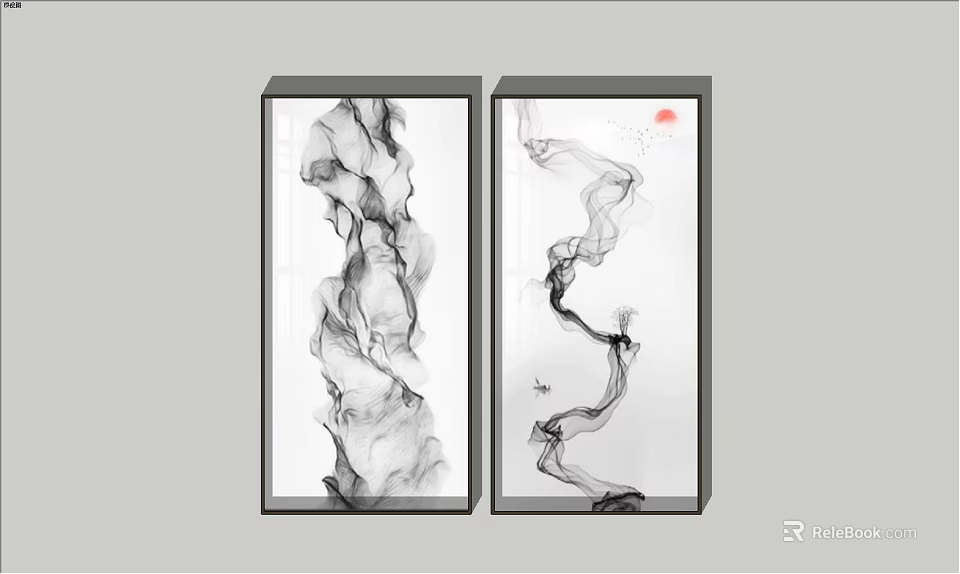 Vertical Abstract Paintings in Ink Wash Style with Flowing Black Ink and Red Accent 3d model 