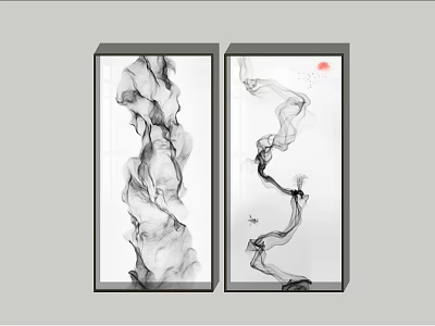 Vertical Abstract Paintings in Ink Wash Style with Flowing Black Ink and Red Accent 3d model