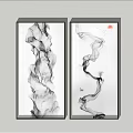 Vertical Abstract Paintings in Ink Wash Style with Flowing Black Ink and Red Accent