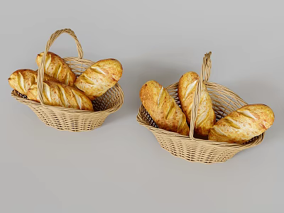 Fresh Homemade Bread Loaves in Wicker Baskets on Neutral Background 3d model