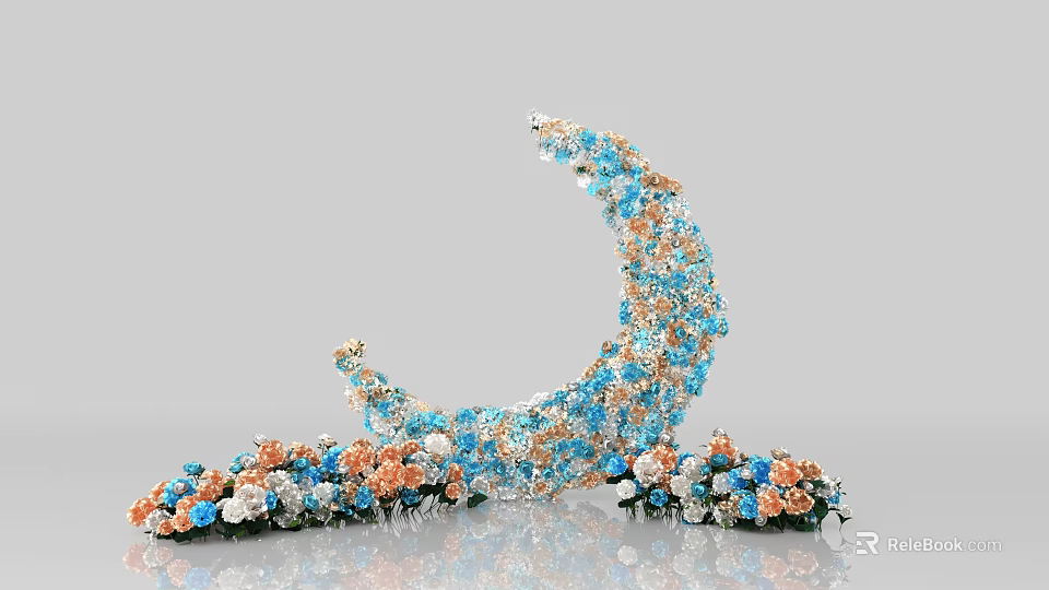 Beautiful Crescent Moon Decorative Arrangement With Blue Orange Flowers Crystal Accents And Scattered Blooms 3d model 