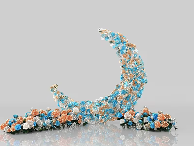 Beautiful Crescent Moon Decorative Arrangement With Blue Orange Flowers Crystal Accents And Scattered Blooms 3d model