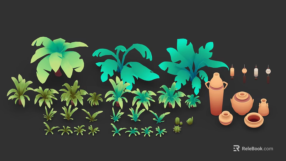 Various Green Tropical Plants With Large Leaves And Ceramic Pots 3d model 