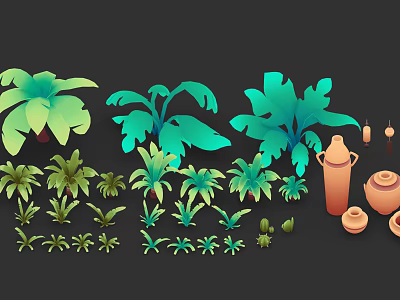 Various Green Tropical Plants With Large Leaves And Ceramic Pots 3d model