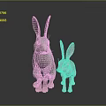 Two Long Eared Light Colored Rabbits Adult And Baby On Dark Shiny Surface
