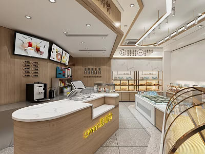 Modern Dessert Shop Interior With Glass Display Cases Fresh Desserts Drinks And Wooden Counter 3d model