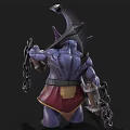 Purple Elephant Character In Decorative Armor Holding Weapon And Barrel With Chains