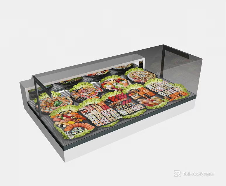 Food Display Shelf With Transparent Cover Showcasing Various Sushi Types 3d model 