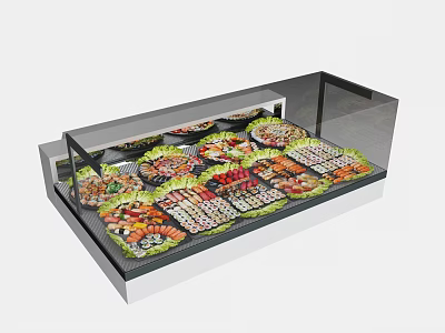 Food Display Shelf With Transparent Cover Showcasing Various Sushi Types 3d model