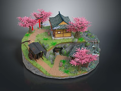 Scenic Japanese Traditional Landscape With Pink Cherry Blossom Trees Winding Pathway And Lush Green Grass 3d model