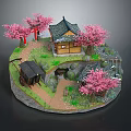 Scenic Japanese Traditional Landscape With Pink Cherry Blossom Trees Winding Pathway And Lush Green Grass