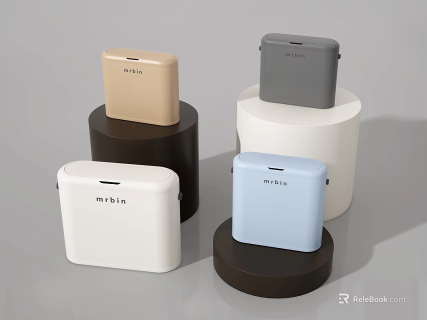 Colorful Mipow Square Living Essentials Displayed On Different Colored Cylindrical Bases 3d model 