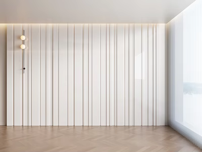Modern Interior Space With Vertical Striped Wall Wooden Floor Lighting And Window For Natural Light 3d model