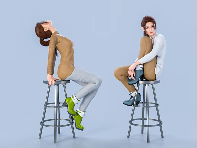 Two Models Sitting on Bar Stools with Different Colored Outfits and Light Blue Background 3d model