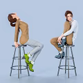 Two Models Sitting on Bar Stools with Different Colored Outfits and Light Blue Background